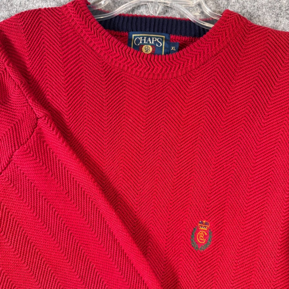 Vtg Chaps Ralph Lauren Herringbone Knit Sweater Mens Size XL Red Crest Preppy